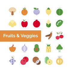Fruits and Veggies icons pack. Fruits- nd Veggies symbols collection. Graphic icons element.