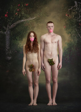 Cinematic portrait, replica of picture Adam and Eve. Man and woman in image of famous characters over vintage style background. Art, creativity and beauty concept