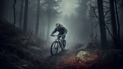 Naklejka premium Mountainbiker bei schlechtem Wetter im Gelände Mountainbiking im Wald Trail Sommer Winter Illustration Digital Art Generative AI Hintergrund Sport Leistung Action