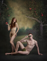Cinematic portrait, replica of picture Adam and Eve. Man and woman in image of famous characters over vintage style background. Art, creativity and beauty concept - obrazy, fototapety, plakaty