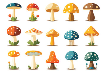 Variety of mushrooms and plants featured on a white background