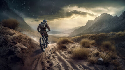 Fototapeta premium Mountainbiker bei schlechtem Wetter im Gelände Mountainbiking im Wald Trail Sommer Winter Illustration Digital Art Generative AI Hintergrund Sport Leistung Action
