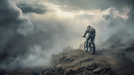 Naklejka premium Mountainbiker bei schlechtem Wetter im Gelände Mountainbiking im Wald Trail Sommer Winter Illustration Digital Art Generative AI Hintergrund Sport Leistung Action