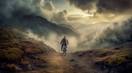 Obraz premium Mountainbiker bei schlechtem Wetter im Gelände Mountainbiking im Wald Trail Sommer Winter Illustration Digital Art Generative AI Hintergrund Sport Leistung Action