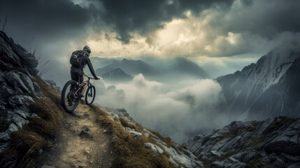 Mountainbiker bei schlechtem Wetter im Gel&auml;nde Mountainbiking im Wald Trail Sommer Winter Illustration Digital Art Generative AI Hintergrund Sport Leistung Action