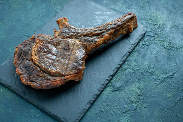 front view fried meat slice on dark blue background meat food dish dinner barbecue fry colors