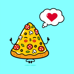Cute funny piece of pizza doing yoga with speech bubble. Vector hand drawn cartoon kawaii character illustration icon. Isolated on blue background. Pizza in love character concept