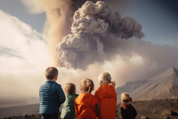 Children looking at eruption of volcano , Generative AI