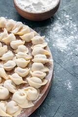 front view little dumplings with flour on dark background dough color food calorie meal food dish meat