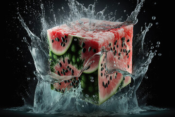 Watermelon cube splash under ice cube a striking and refreshing image capturing the moment when a watermelon cube splashes under a clear ice cube, highlighting the juicy and sweet flavor of this icon