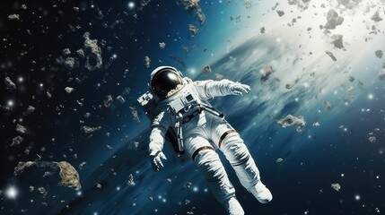 Fototapeta na wymiar 3D realistic, an astronaut in a spacesuit flies in space against the background of the planet.. Created with generative AI