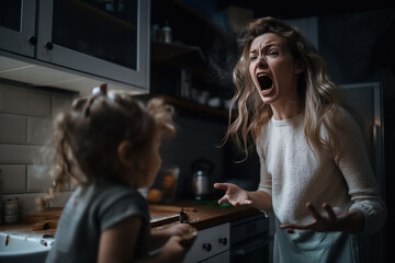 shocked mother and daughter looking at each other while cooking together in kitchen. Generative AI