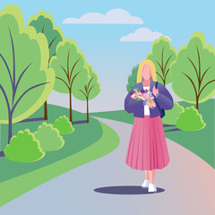 Young girl walking in the park holding flowers in her hands flat vector illustration