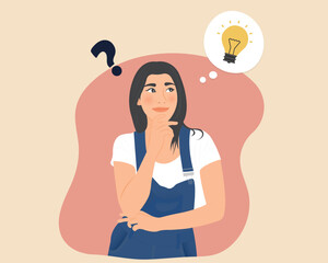 Beautiful young woman thinking, planning work, business success, analyzing solutions, finding answers to questions. Vector illustration.