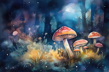 Fototapeta na wymiar Illustrate a watercolor painting of mushrooms and flowers in a magical forest with glowing fireflies and a full moon in the sky