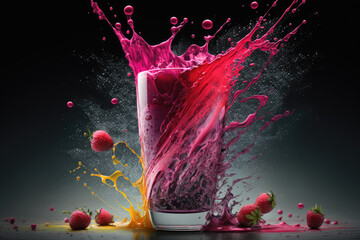 Strawberry Smoothie Juice Splashing A vibrant and refreshing image capturing the moment when a fresh strawberry smoothie is splashed, highlighting the juicy and sweet flavor of this beloved fruit.