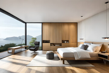 The interior design of a tranquil and serene bedroom with a minimalist Japanese aesthetic, incorporating natural materials and muted colors | Generative AI