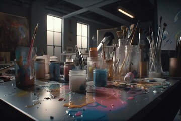 A Table With Paint And Brushes On It In A Room With Windows Workshop Color Field Painting Set Design Generative AI