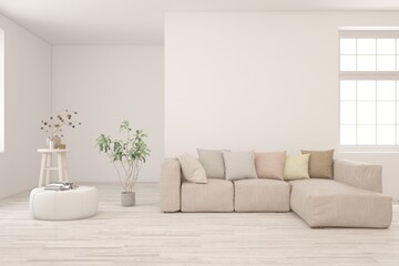 White living room with sofa. Scandinavian interior design. 3D illustration