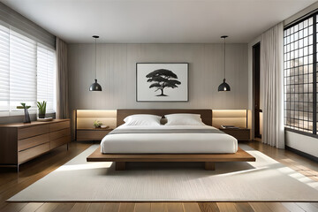 Obraz na płótnie Canvas The interior design of a tranquil and serene bedroom with a minimalist Japanese aesthetic, incorporating natural materials and muted colors | Generative AI