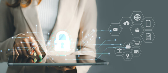 Businesswoman using tablet access digital big data online white icons on grey background. Technology and business concept