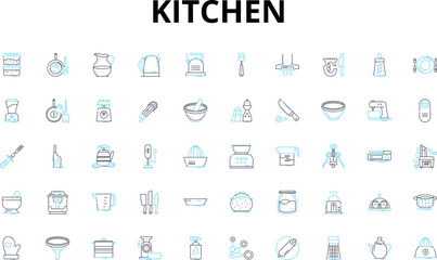 Kitchen linear icons set. Utensils, Cooking, Appliances, Storage, Organization, Dishware, Pantry vector symbols and line concept signs. Food,Counter,Stove illustration