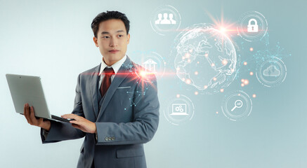 Ai technology. Businessman using labtop touching and connecting chat ai virtual screen white icons