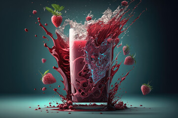 Strawberry Smoothie Juice Splashing A vibrant and refreshing image capturing the moment when a fresh strawberry smoothie is splashed, highlighting the juicy and sweet flavor of this beloved fruit.