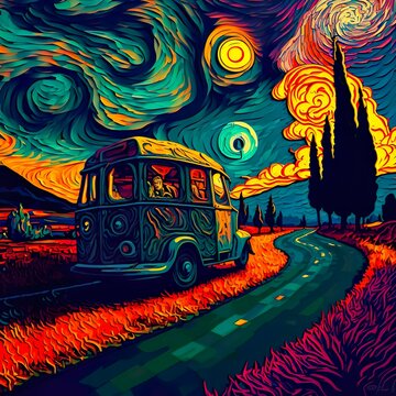 Psychedelisches Bild mit Bus 