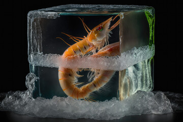 prawns under ice cube a stunning and unique image showcasing fresh prawns preserved under a clear ice cube, representing the freshness and quality of these delicious seafood delicacies.