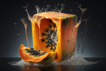 papaya juice splash A captivating image of papaya juice splashing, highlighting the luscious texture, and the exotic tropical flavor of this fruit.