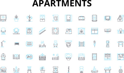 Apartments linear icons set. Homey, Cozy, Spacious, Luxurious, Stylish, Modern, Affordable vector symbols and line concept signs. Gated,High-rise,Furnished illustration
