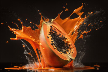 papaya juice splashing A captivating image of papaya juice splashing, highlighting the luscious texture, and the exotic tropical flavor of this fruit.