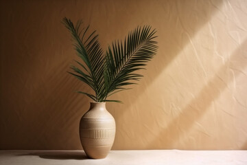 sunlight vase beige wall shadows interior decor design white concrete home. Generative AI.