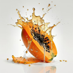 A captivating image of papaya juice splashing, highlighting the luscious texture, and the exotic tropical flavor of this fruit.