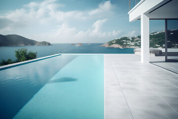Fototapeta na wymiar Elite hotel pool by the sea. Neural network AI generated art