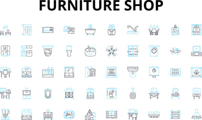 Fototapeta na wymiar Furniture shop linear icons set. Sofas, Chairs, Tables, Beds, Dressers, Bookcases, Ottomans vector symbols and line concept signs. Recliners,Desks,Cabinets illustration
