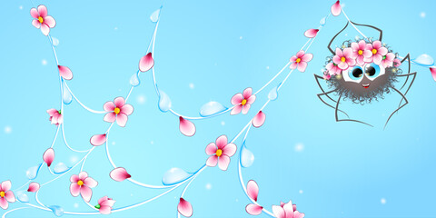 Cute cartoon fluffy little spider in wreath of flowers  hanging on his spiderweb decorated with flowers and water drops