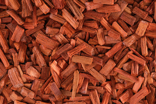Overhead view of red Sandalwood chips (Pterocarpus santalinus)