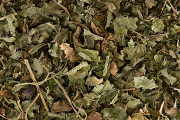 Overhead view of dried melissa leaves (Melissa officinalis)