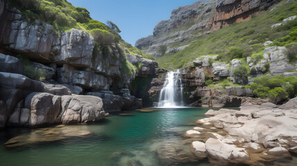 Fototapeta na wymiar A majestic waterfall cascading down a rocky cliff into a clear blue pool below.