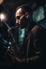 Saxophone Serenade: Jazz man  Musician's Soulful Performance Captured in an Intimate Bar Setting - Celebrating the Spirit of Smooth Jazz Vibes. Generative AI