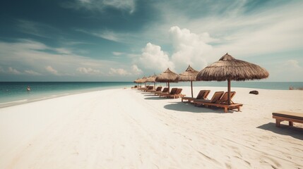 White sand, sunbeds and an umbrella. Amazing beach scenery. Generative AI.
