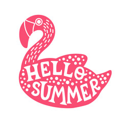 Pink flamingo with the word hello summer on it. Hello Summer lettering. Flat vector illustration. Summer clipart. © spirka.art