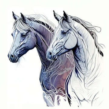 Couple of beautiful white horses isolated on white background. Generative AI. High quality photo