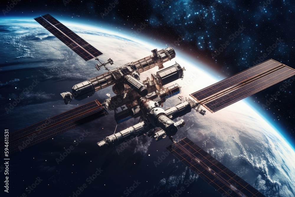 Poster space station with view of the earth, surrounded by stars and planets, created with generative ai