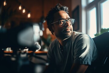 A Man With Glasses Sitting In A Room With A Window And A Plant Newsroom Portrait Photography Entrepreneurial Finance Generative AI