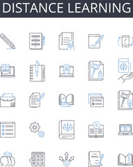 distance learning line icons collection. e-learning, virtual education, online schooling, remote instruction, web-based training, digital curriculum, internet tutoring vector and linear illustration