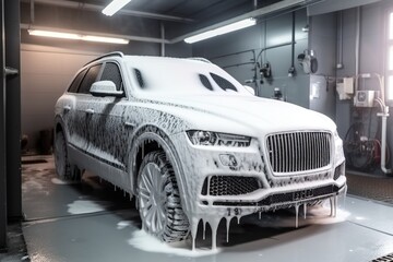 SUV at the car wash, fully covered by a soap foam. Photorealistic generative art