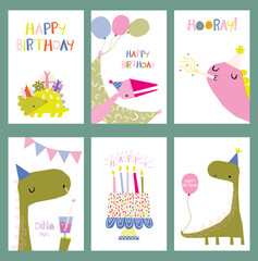 Happy birthday cards set with dinosaurs. Vector illustrations. A collection of cards with different birthday cards with the words happy birthday. 
